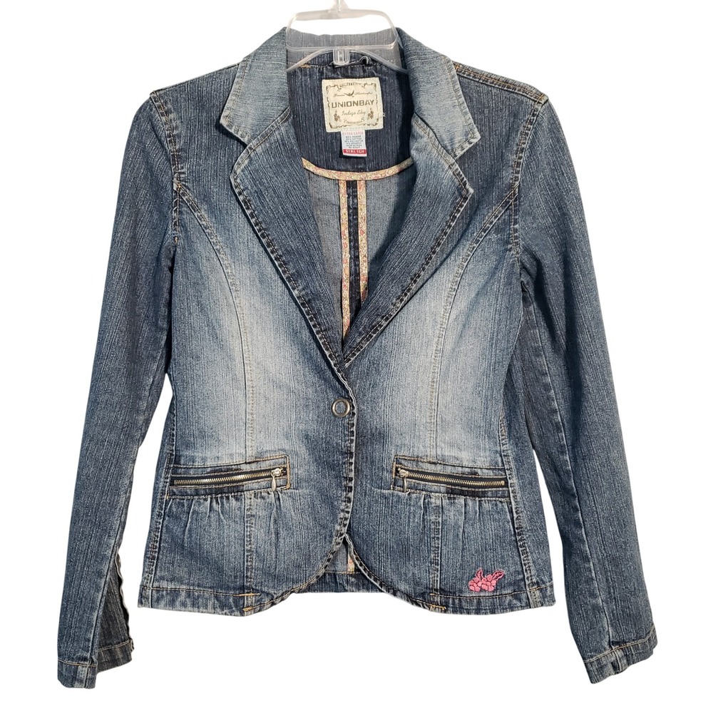 Y2K Unionbay Juniors XL Denim Jean Jacket Indigo Sky‎ Stretch Flowers Detail